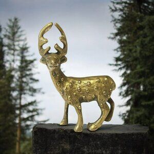 Vintage Brass Mini Spotted Deer Statue 3.5" Buck Antlers MCM Christmas Figurine